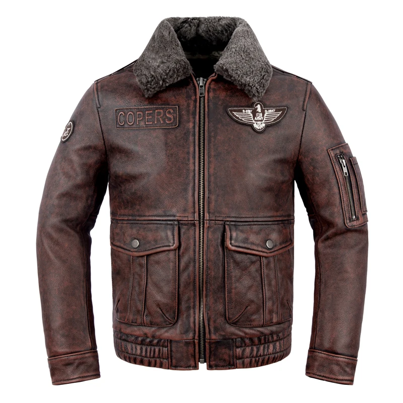 

Зимняя мужская винтажная коричневая куртка из натуральной кожи с хлопковым утеплителем, теплая верхняя одежда из воловьей кожи, пилотская куртка из чистой кожи