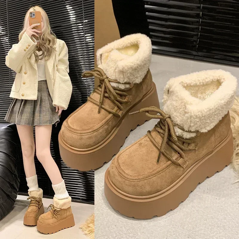 

Winter Lace Up Fluffy Snow Boots Round Toe Genuine Leather Flat Women Warm Ankle Boots Thick Sole Fashion Wool Snow Botas Mujer