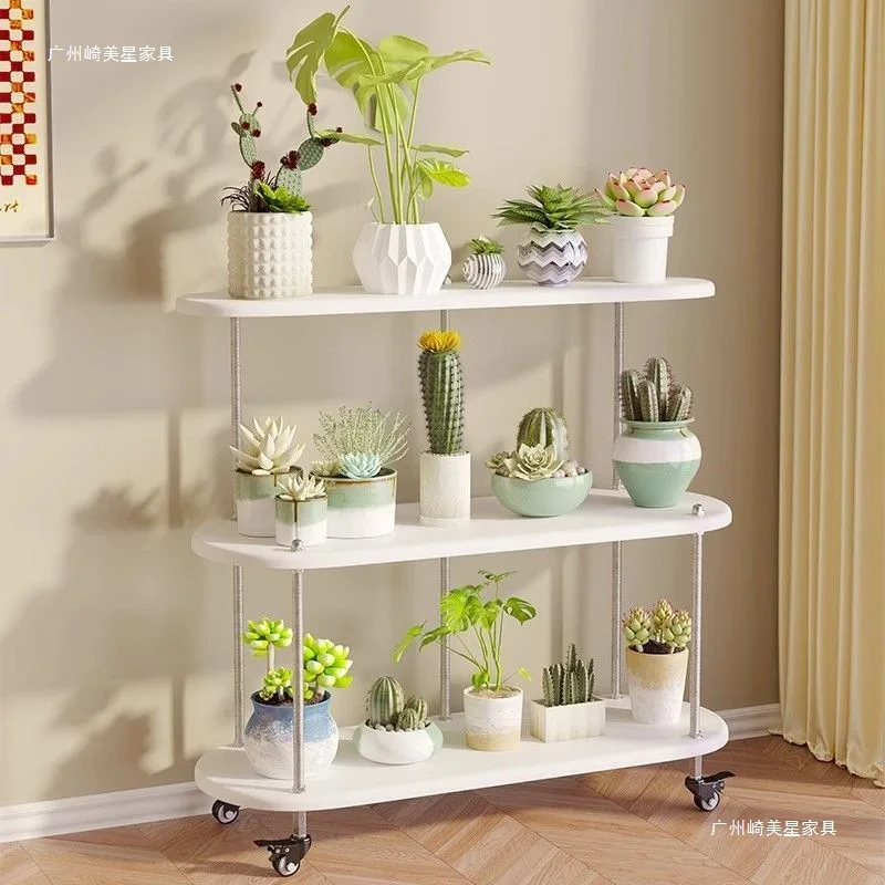 Solid wood multi-layer balcony flower stand with wheel rack mobile succulent flower stand living room floor-to-ceiling simple