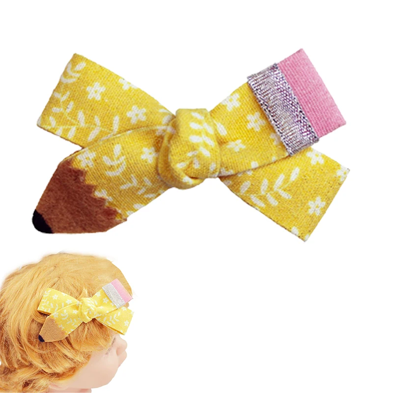 Back To School Hair Bows Clip Girls Felt Pencil Print Hairpin Cute Bow Barrettes Handmade Hairgrips Kids Hair Accessories