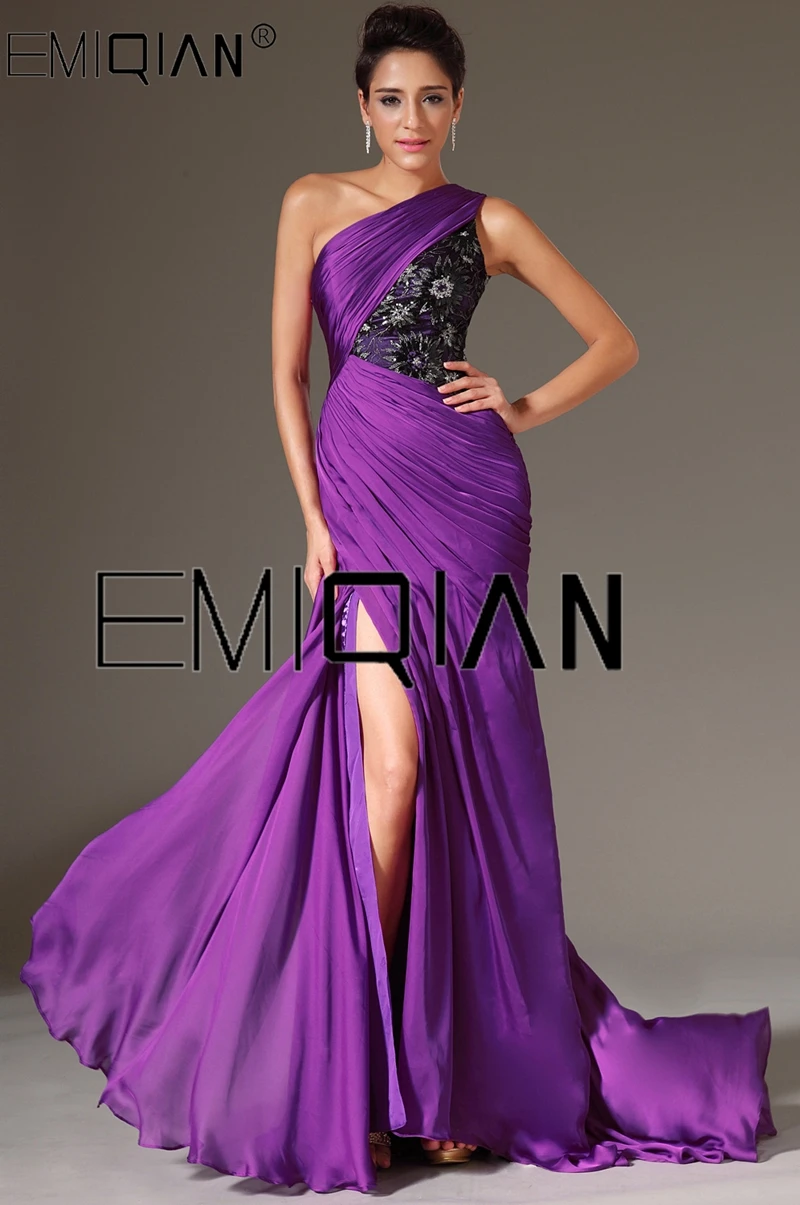 

One Shoulder High Slit Purple Chiffon Evening Gowns Contrast Color Black Lace Evening Dresses