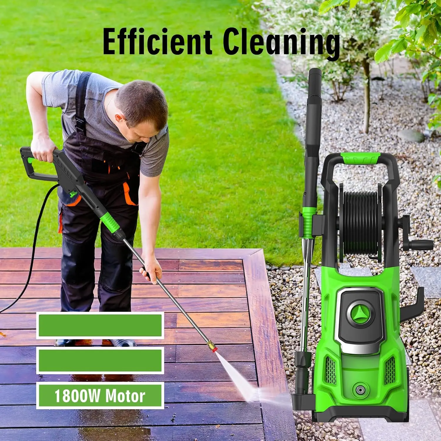 Electric Pressure Washer, , Power Washer Machine with Hose Reel,4 Quick Connect Nozzles, Foam Cannon, for Cars, Patios