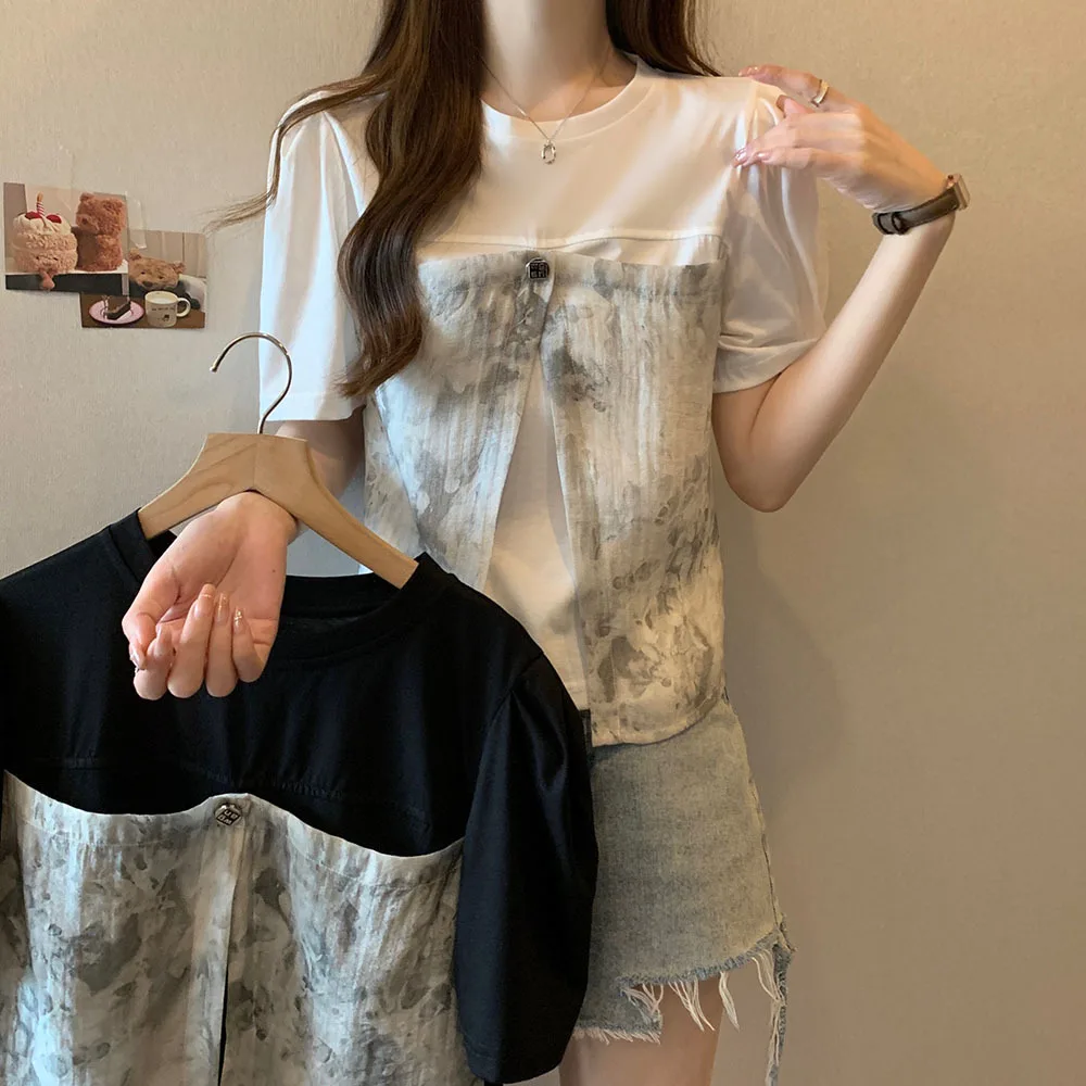 2024 New Tie Dyed Spliced T-shirt For Women Casual O-neck Short Sleeve Tops Fashion Fake Two Piece Patchwork Tees Women's Summer