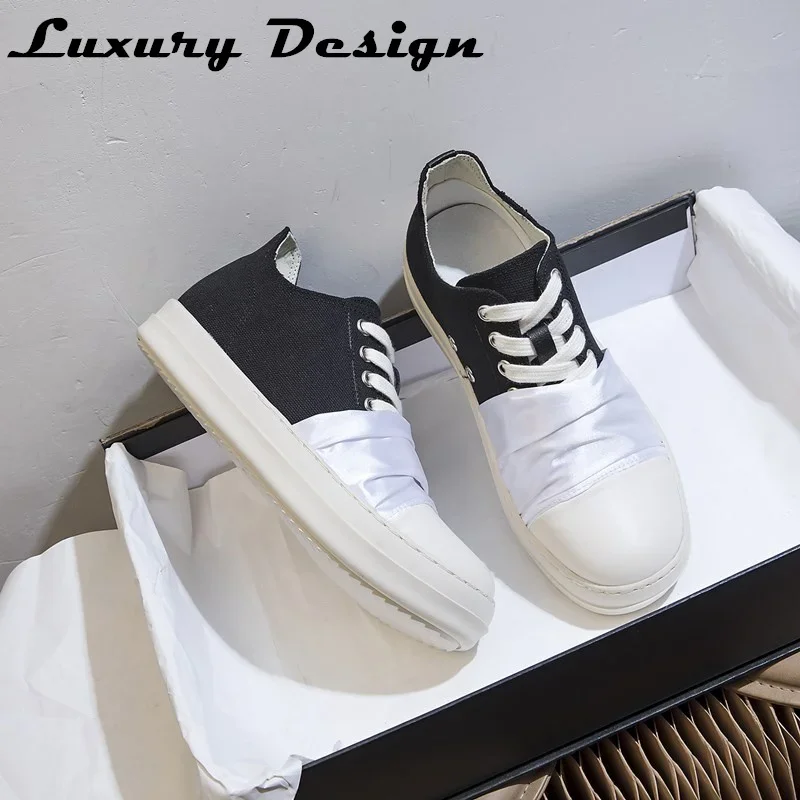 Vintage Design Men's Shoes Low Top Lace Up Fashion Platform Black Canvas Casual Flats Shoes Women's Round Toe Chunky Sneaker