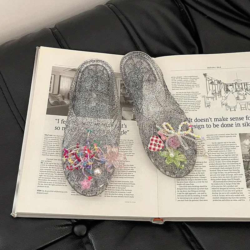 Jelly shoes women's Korean version fashion outer wear flat-soled bag head shoes transparent shoe flower accessories beach shoes view 3