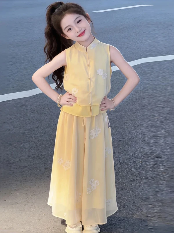新しい夏の中国風女の子漢服セット薄いツーピーススーツ伝統的な国民服子供の袍-唐衣装