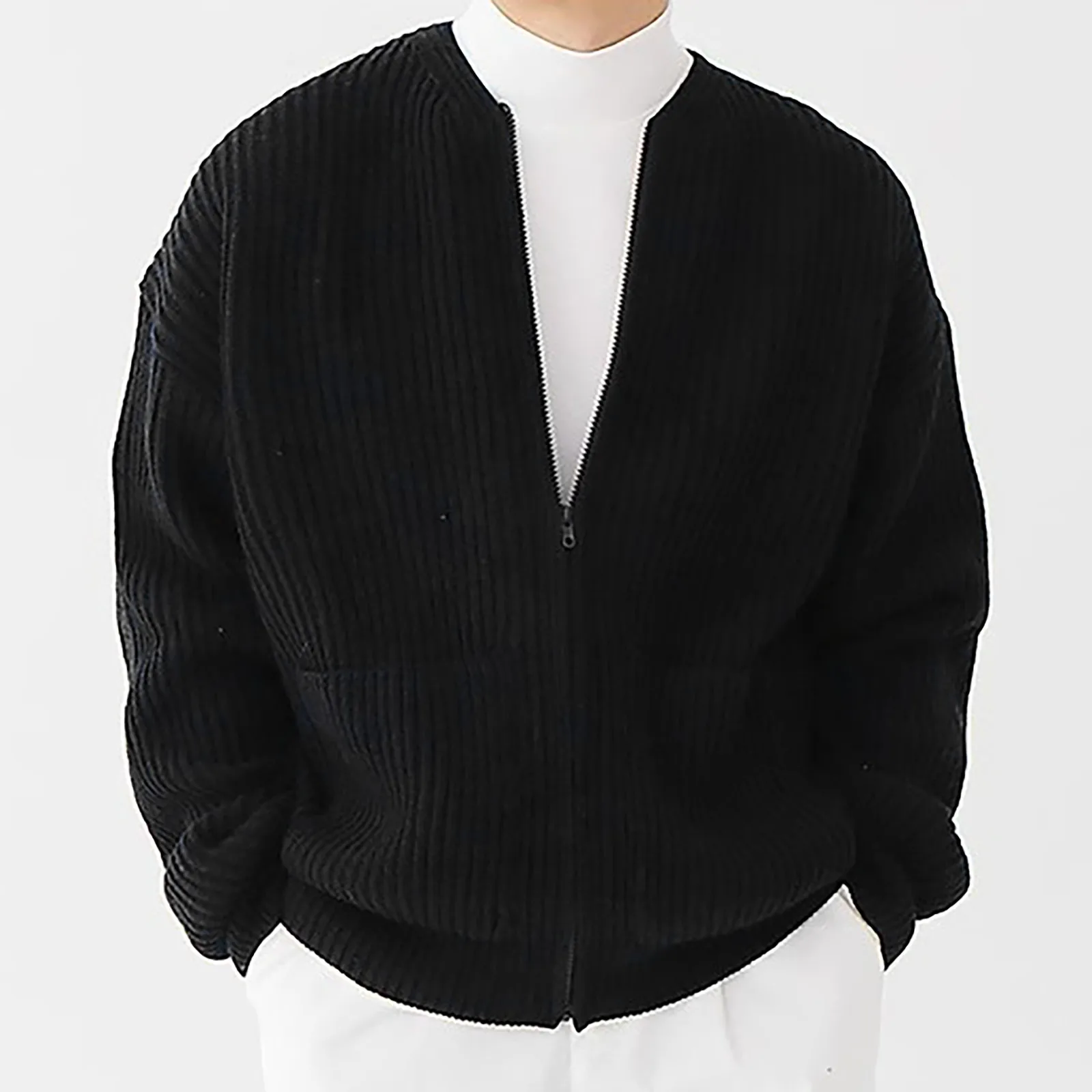 Pull en tricot à col rond pour hommes avec poches, manteau solide, fermeture éclair, long, rétro, randonnée, coupe-vent, mode masculine, automne