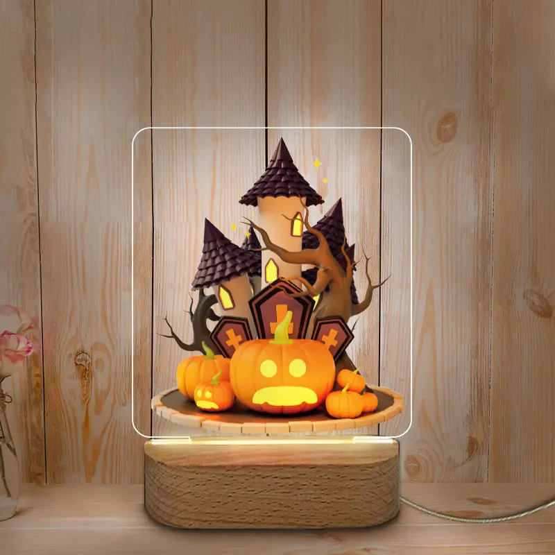 Veilleuse LED USB personnalisée avec base en bois, impression de documents, décoration d'Halloween, veilleuse pour la maison, chambre de bébé et de mère