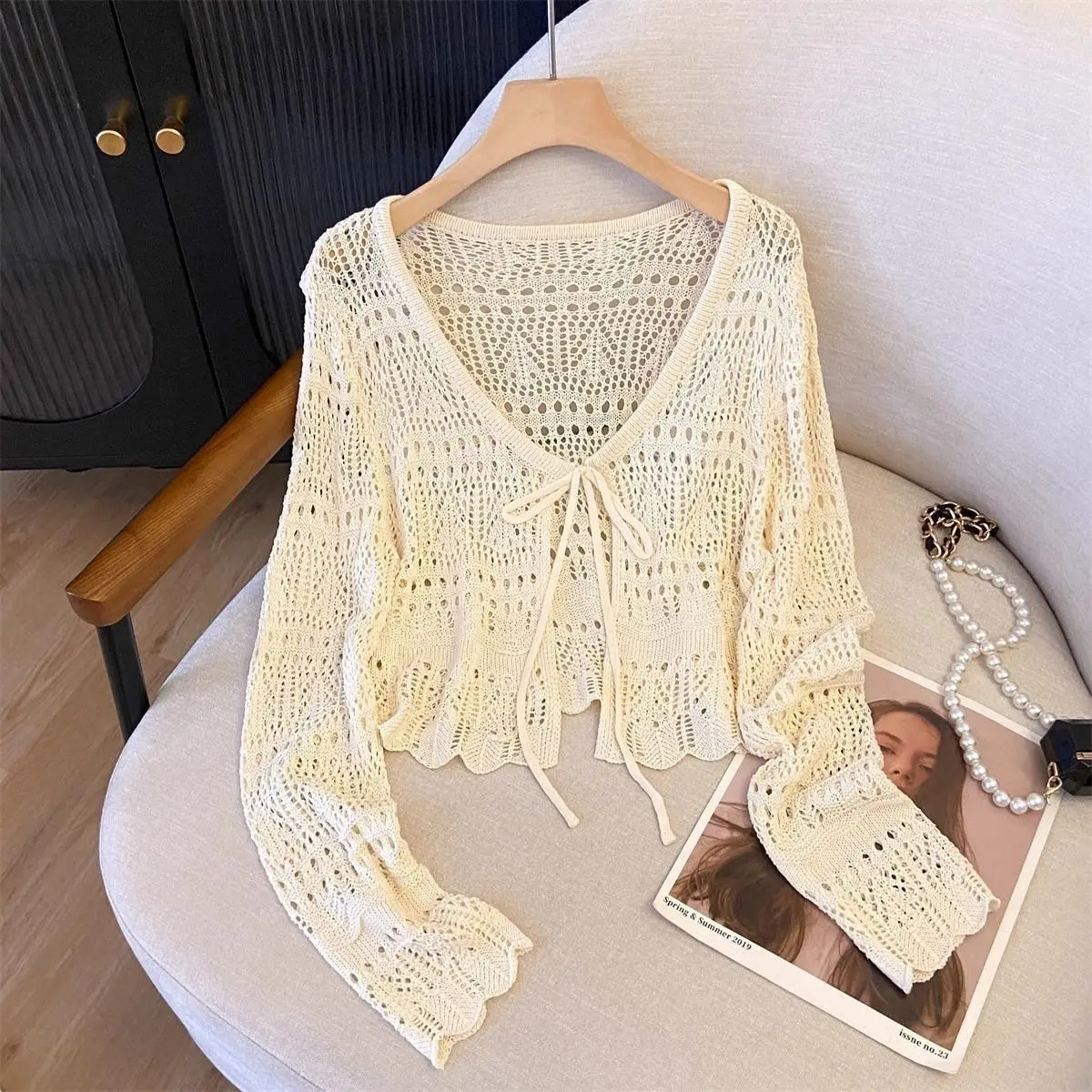 Women's Solid Long-sleeved Sunscreen Knitted Cardigan Sexy Hollow Cardigan Lace-up Jacket 2026 Summer V-neck Versatile Shawl Top