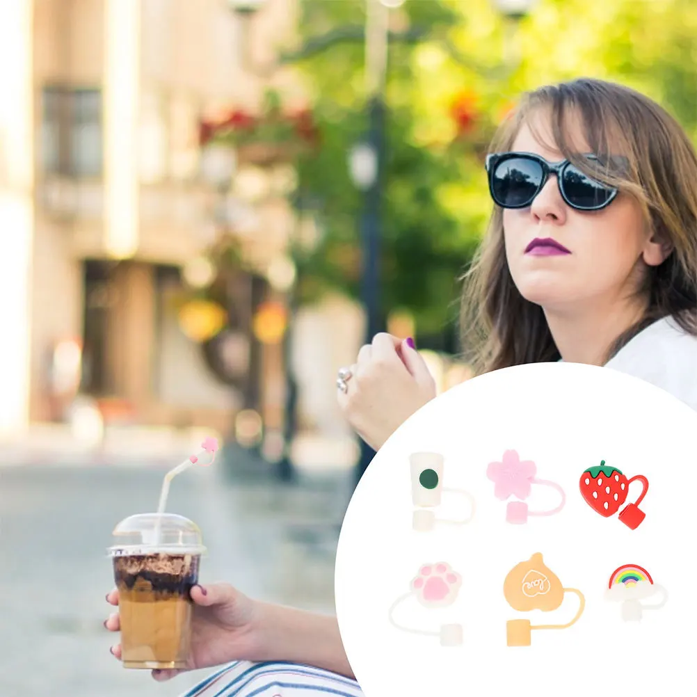 

6pcs Straw Covers Reusable Cartoon Dust Plug For Drinking Straws Protective Caps Decorative Tip Protectors Bar Accessories