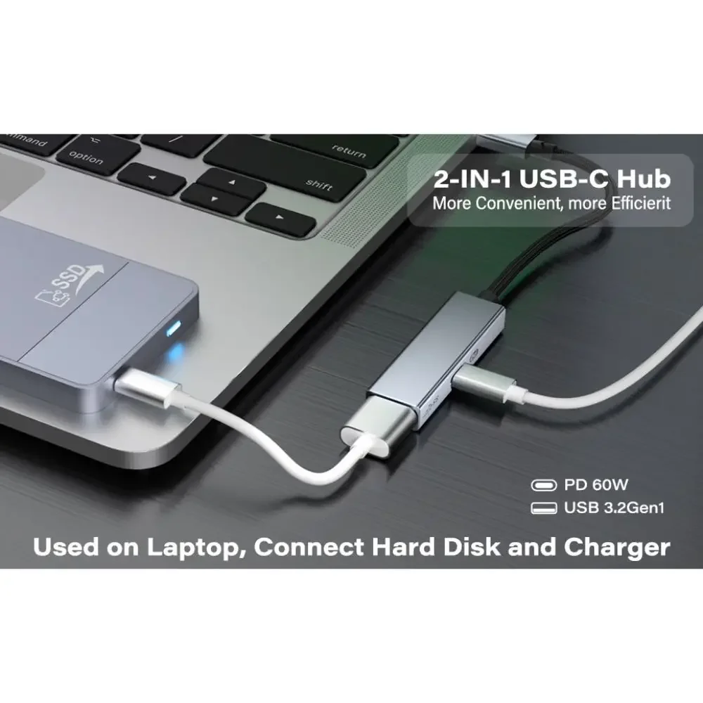 USB 3.2 Type-C HUB 5Gbps PD Charging 60W 2 in 1 OTG Adapter High Speed Aluminium Alloy USB C Docking Station