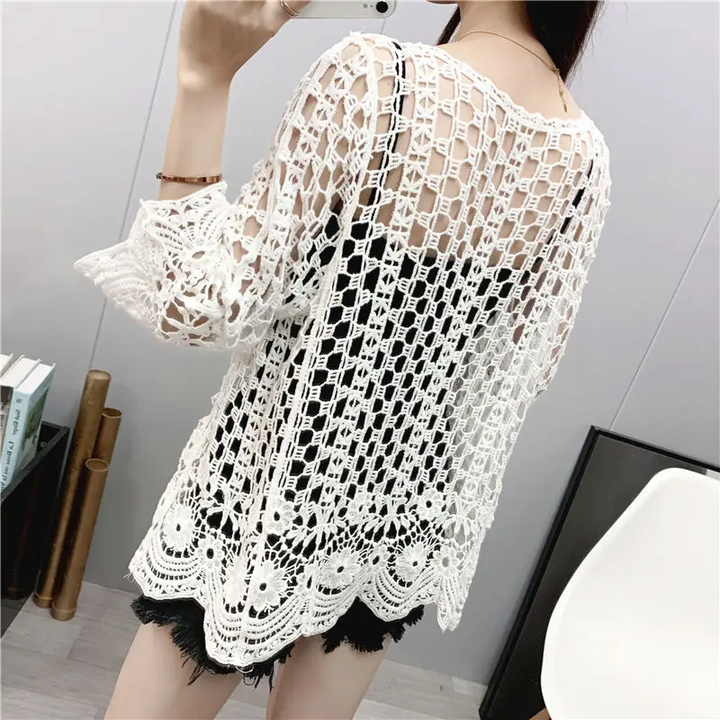 Spring New Beach Sunscreen Shirt Women\'s Pure Cotton Hollow Knitted Cardigan Versatile Western Style Coat