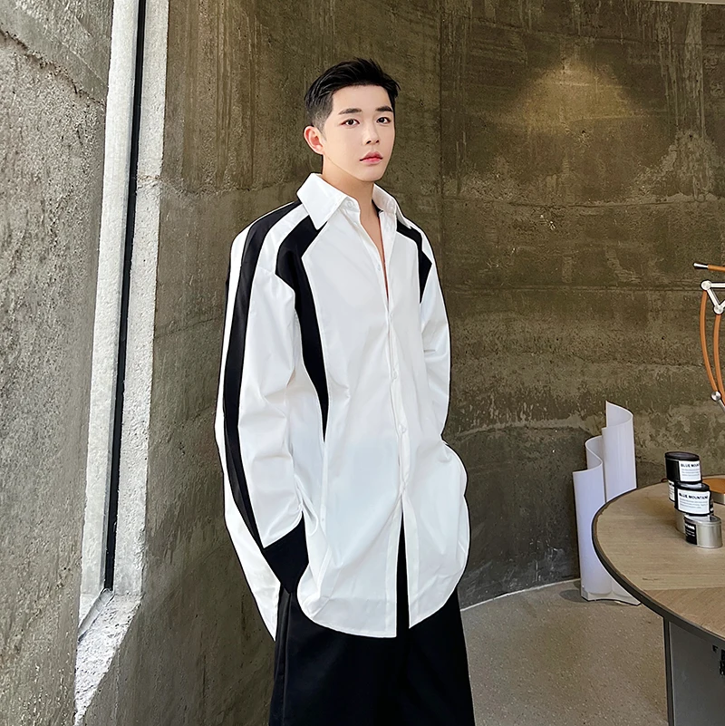 Oversize Shirt Men Black White Splice Long Sleeve Loose Casual Streetwear Fashion Shirt Male Japan Korea Niche Cityboy Shirts