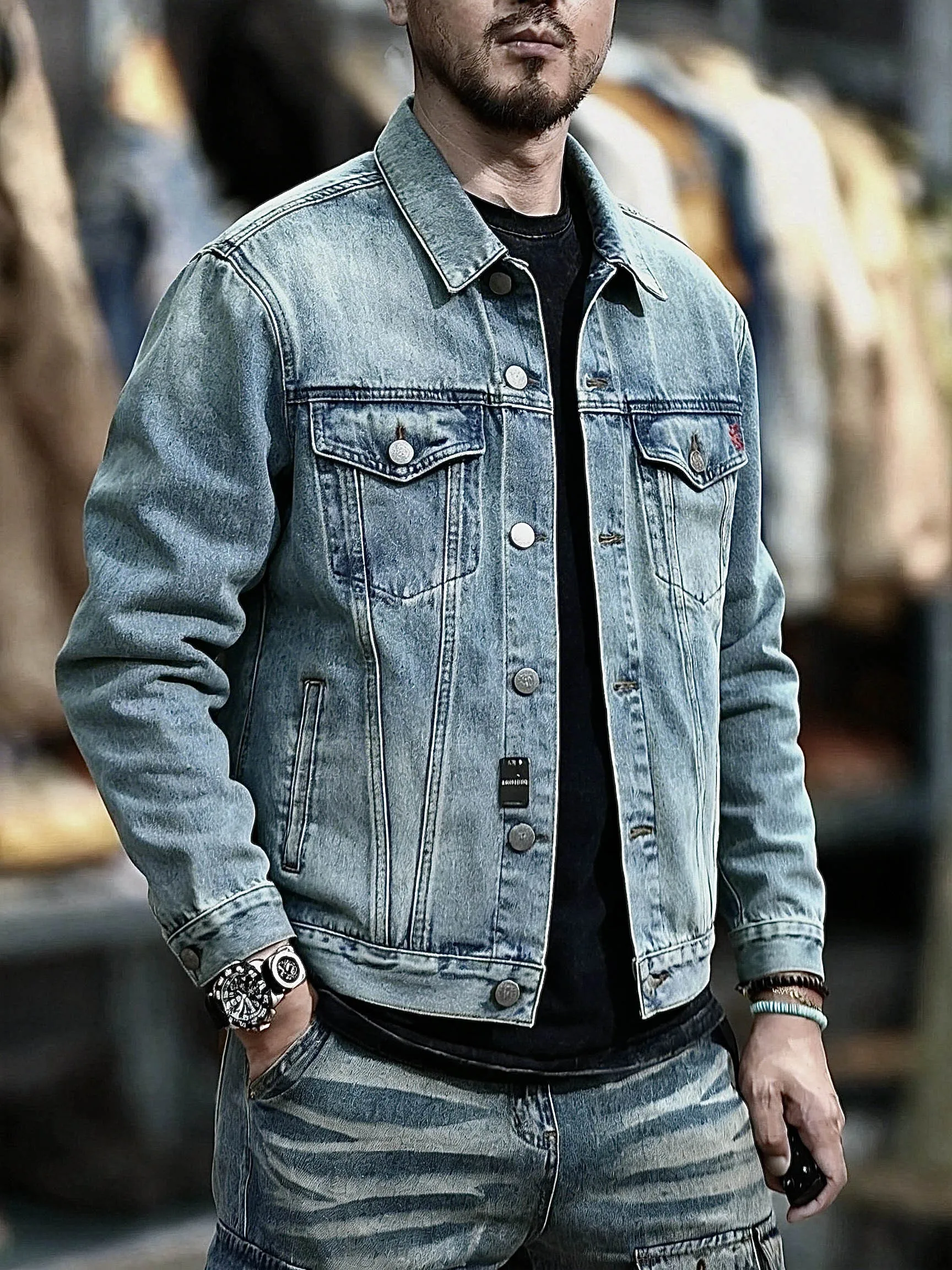 2026 Autumn New American Retro Heavyweight Denim Cargo Jacket Men's Fashion Multiple Pockets 90% Cotton Washed Casual Outerwear