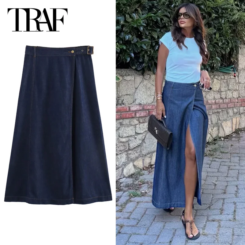 

TRAF Midi Denim Skirts Women's Skirt Summer 2024 Fashion Women Wrap Split Blue Long Skirt With Belt Casual Sexy Vacation Skirts