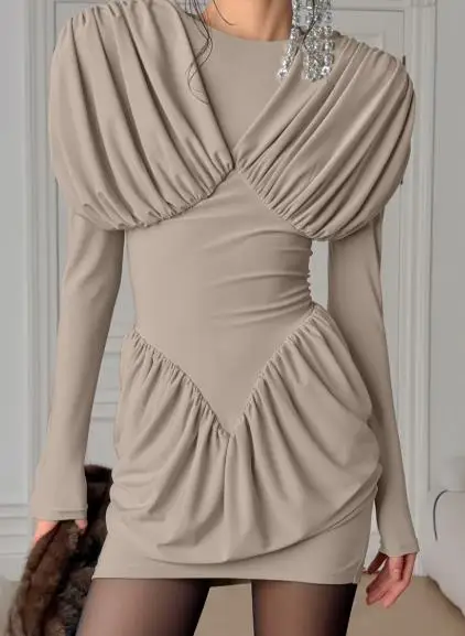

Women Dresses 2026 Spring Autumn New Solid Color Slim Fit Waist Cinching Round Neck Temperament Elegant Long Sleeve Mini Dress