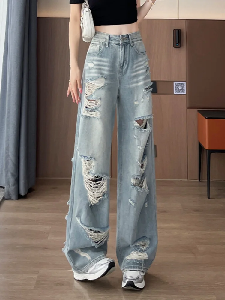American Retro Hole-punched Jeans Women High Waist Straight-crotch Loose Slim Design High-street Vibe Wide-legged Dragging Pants