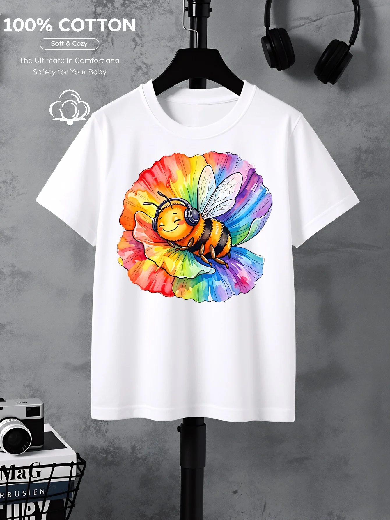 Color Bee Wearing Headphones Print Machine Washable Indoor and Outdoor Short Sleeved Soft and Comfortable Parent-child Top