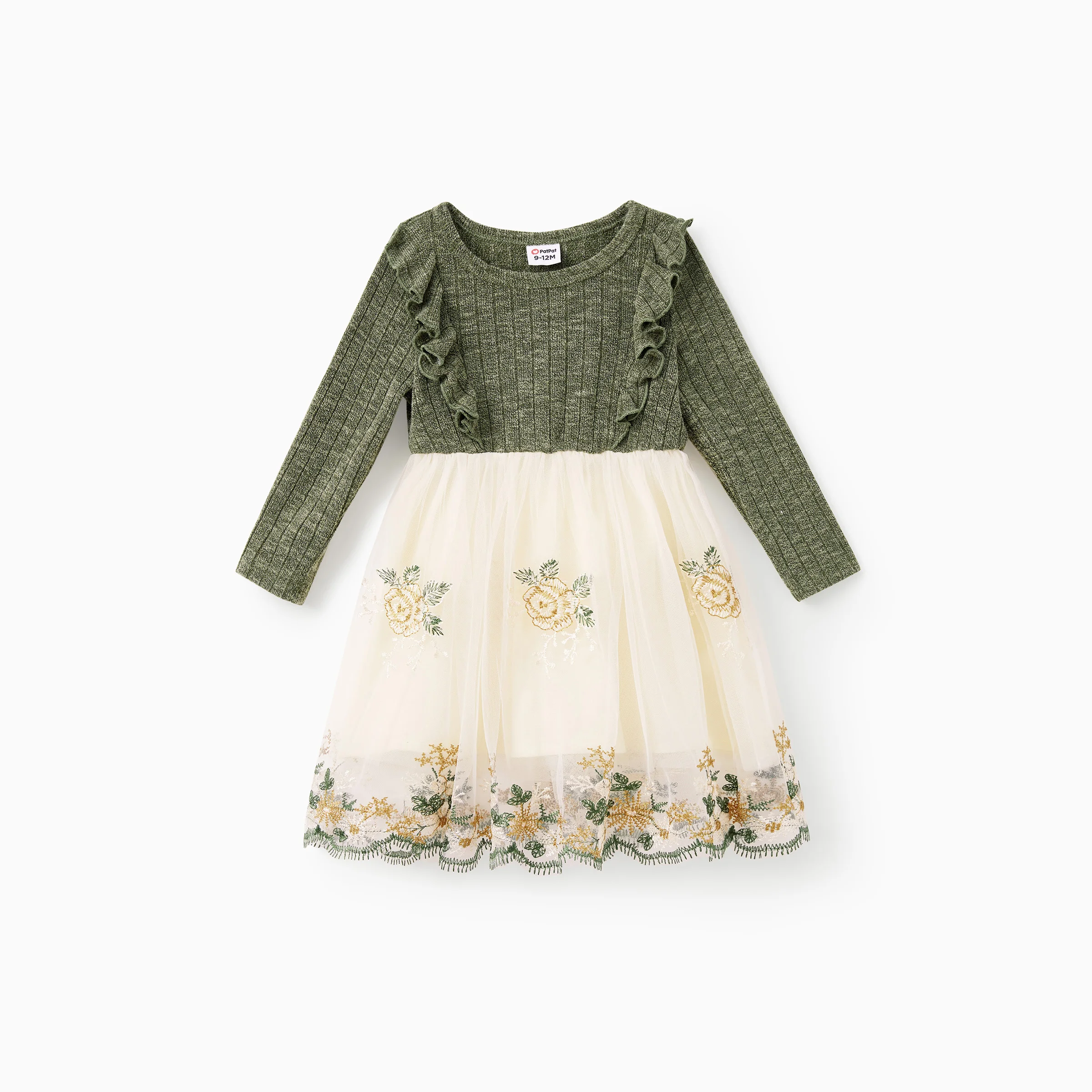 PatPat Family Matching Outfits Green Long Sleeves Shirt or Ribbed Off-Shoulder Embroidered Tulle Dress