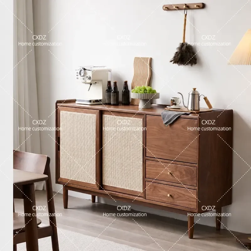 Black Walnut Rattan Dining Side Table Solid Wood Tea Cabinet Kitchen Locker Integrated Wall Storage for Small Apartment