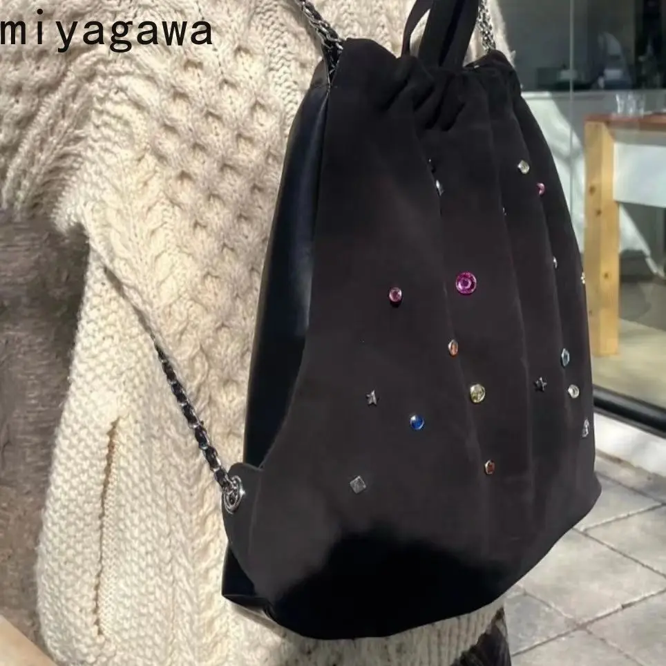 Miyagawa Korean Niche Design Women's Bag with Frosted Velvet Patchwork Color Gemstone Chain Backpack with Drawstring Backpack