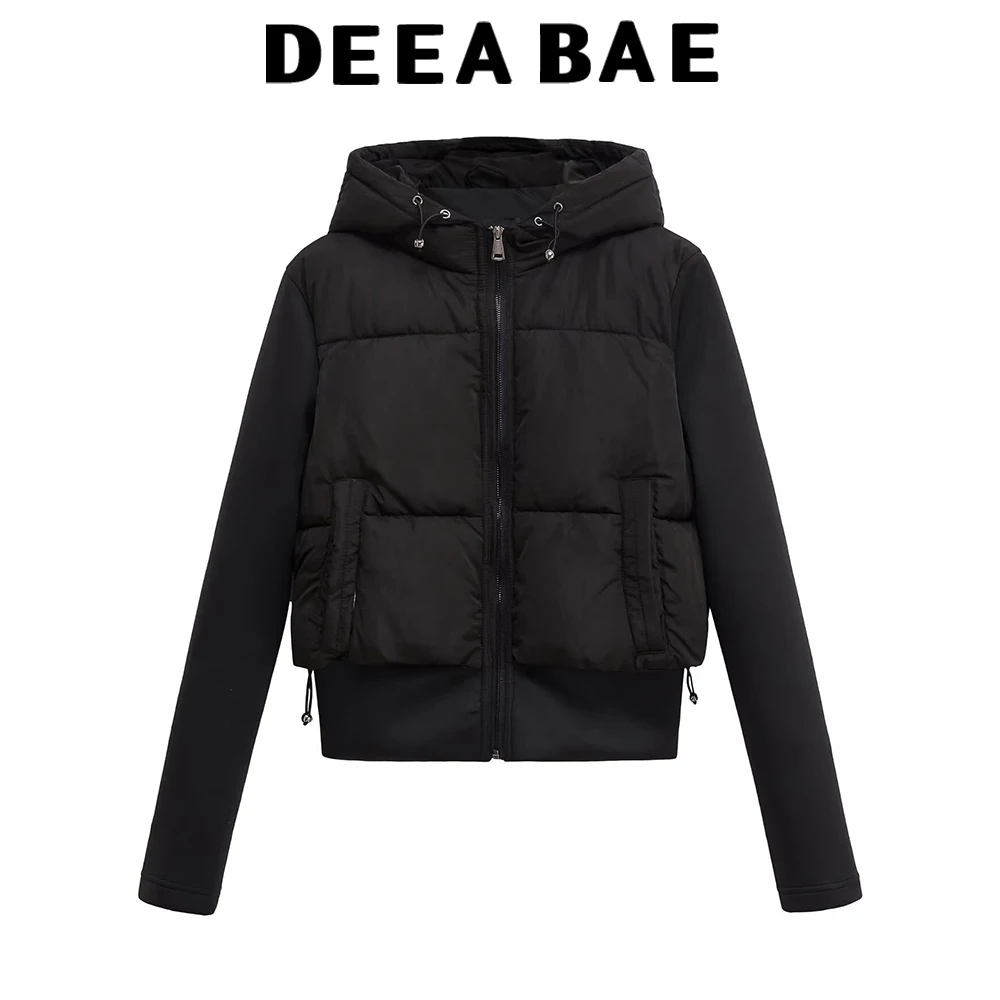 

DEEABAE 2025, осенний новый продукт, женская одежда, простая повседневная черная утягивающая хлопковая куртка на молнии с капюшоном