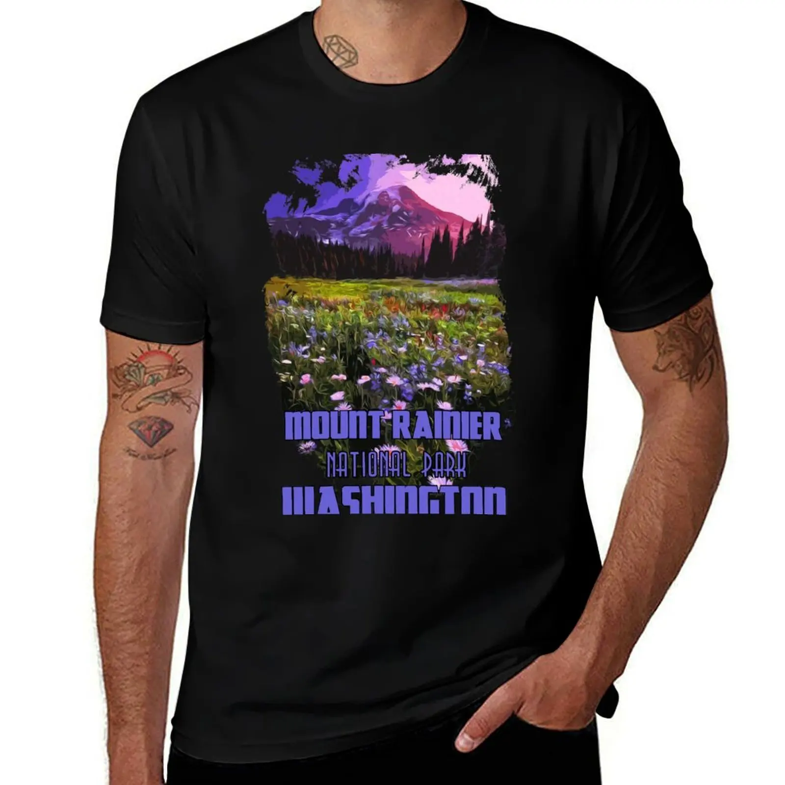 Washington, Mount Rainier National Park T-Shirt Simple Solid Color Crew Neck Tee T-Shirt