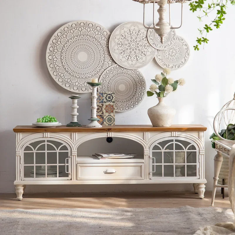 

White retro old living room, household storage floor cabinet