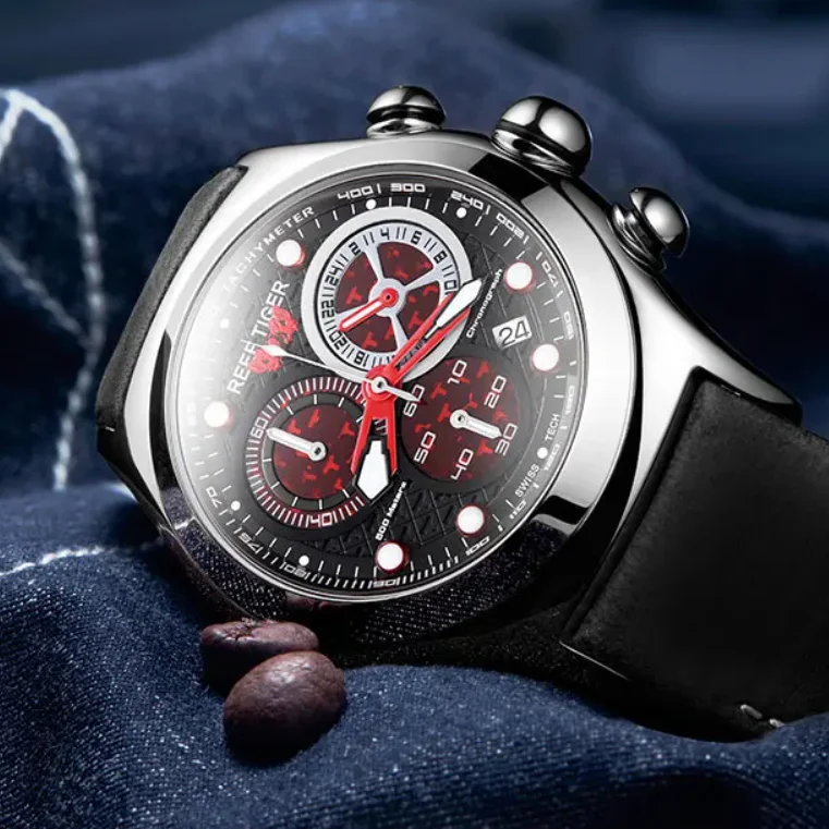 Reef Tiger Men Chronograph Watch 44mm Quartz Wristwatch Bubble Mirror Waterproof Luminous