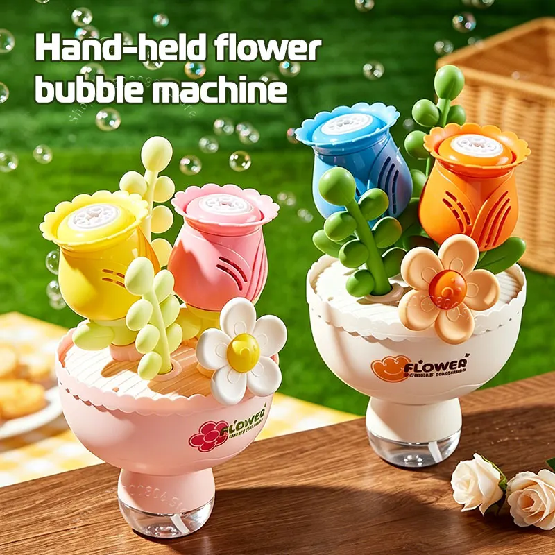 Handgehaltene Blumenstrauß-Seifenblasenmaschine, automatische elektrische Seifenblasenpumpe mit Licht, auslaufsicher, Seifenblasen-Spielzeug für Kinder, für Party-Atmosphäre