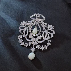 Retro Era Ribbon Foliate Link Chain Pearl Drop Brooch Wedding Accessory