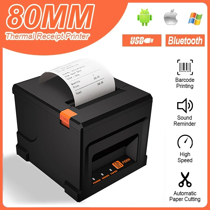 80mm Thermal Receipt Auto Cut Desk Printers Automatic Cutter Restaurant Kitchen POS Printer USB Serial LAN Bluetooth