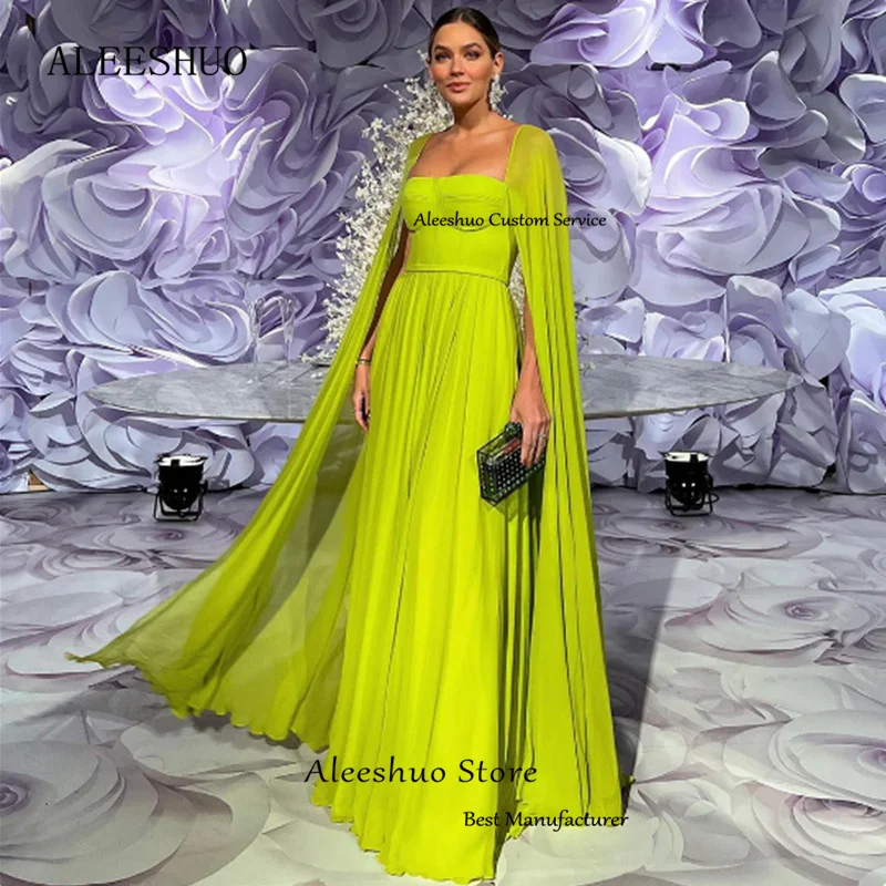 Aleeshuo Elegant Square Prom Dressess Chiffon Long Sleeves Evening Dress Floor Length Custom Simple Pleat Saudi Arabia 2024