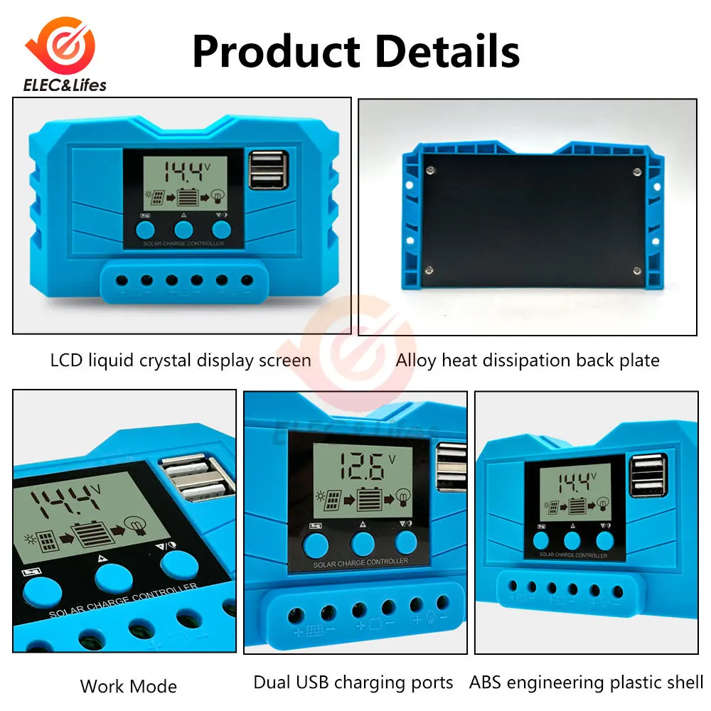 10/20/30A PWM Solar Charge Controller 12V 24V Regulator + LCD Display Dual Port Output Controller for Lead-Acid/Lithium Battery