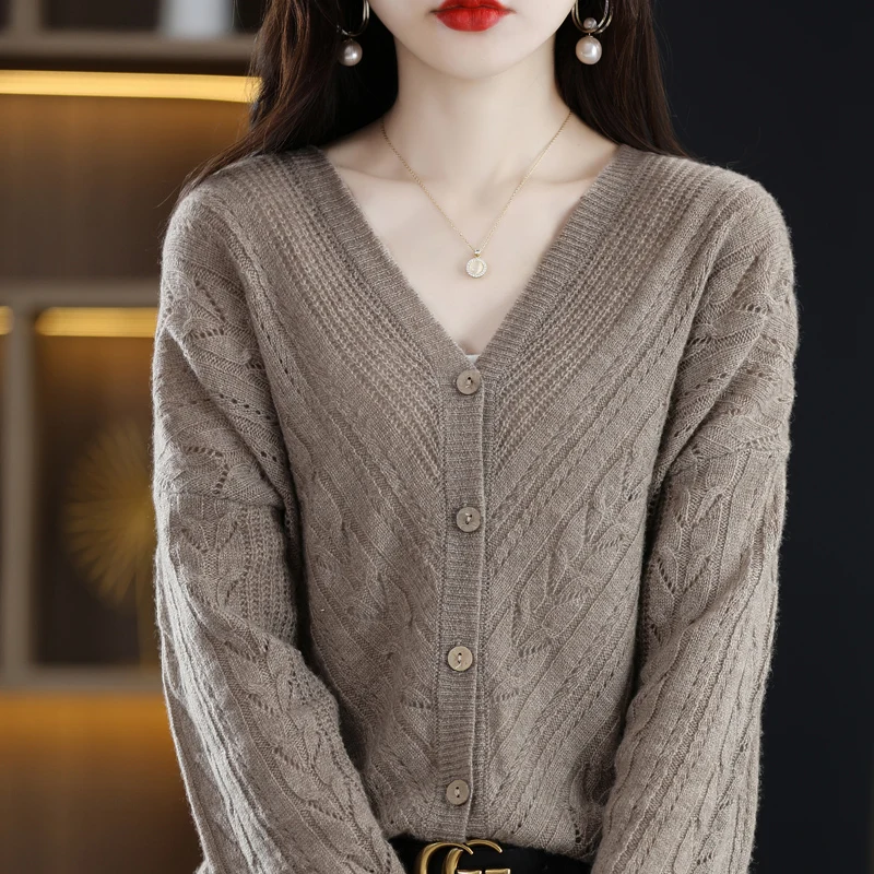 

2022 Women's New Hollow V-Neck 100 Wool Cardigan Fashion Casual Trend Solid Color Loose Long Sleeve Knitted Popular Cashmere Top