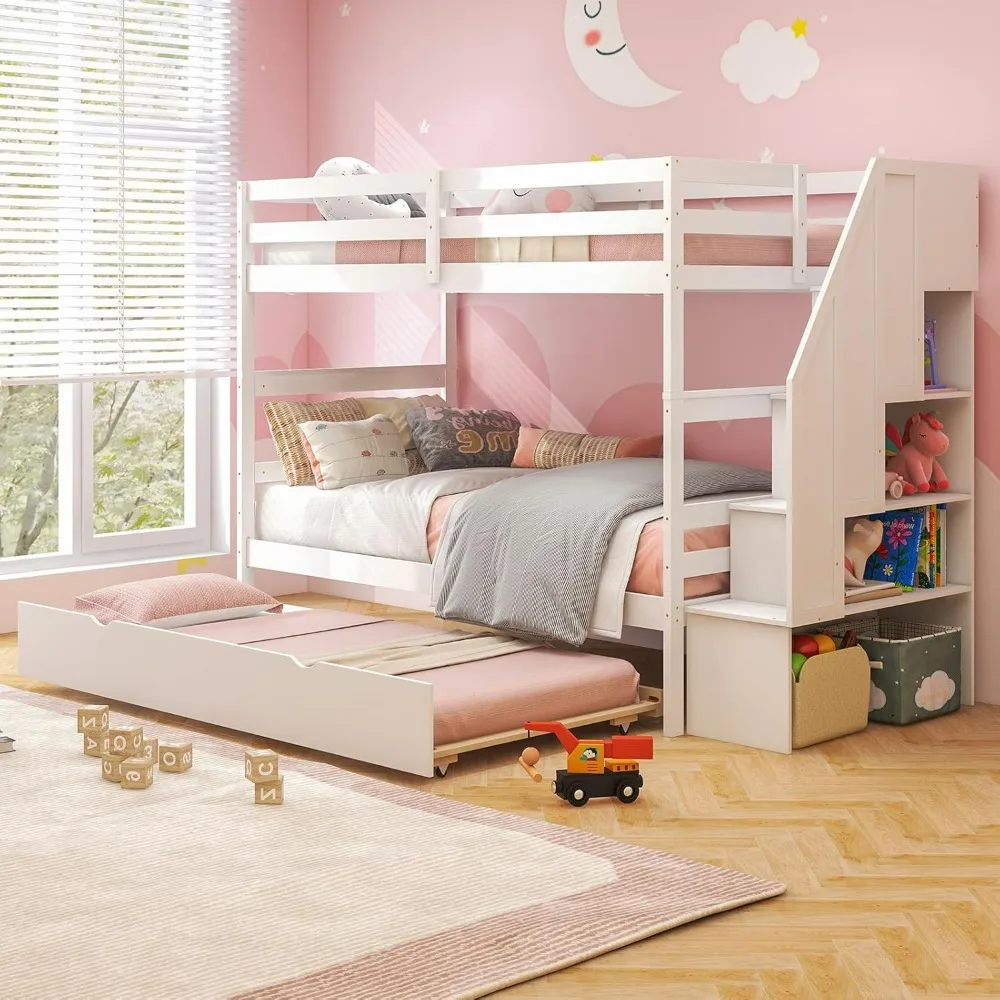 Litera doble sobre doble con nido y escaleras de almacenamiento, litera de madera maciza convertible, 3 marcos de cama para dormitorio, versátil