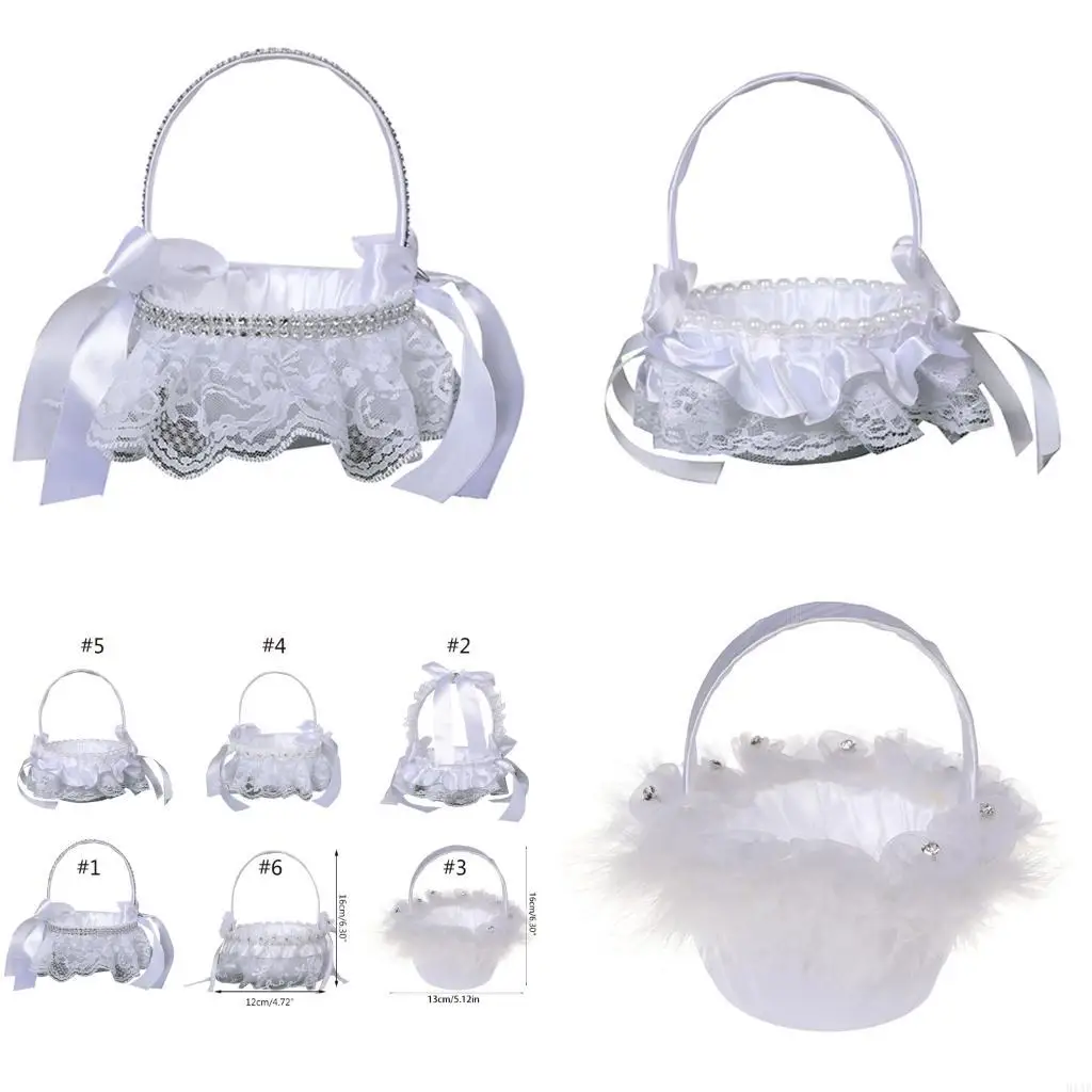 91AF Flower Girl Basket White Small Satin Cloth Baskets with Lace Faux Flowers Bows Pearls Decor for Wedding Ceremony