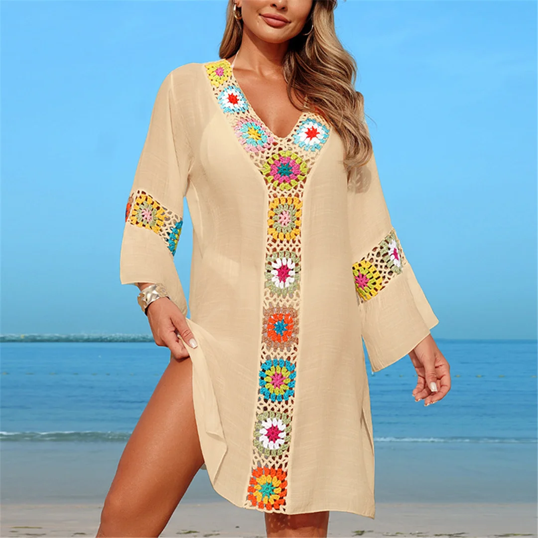 Bedrucktes, langärmeliges, gehäkeltes Strick-Tunika-Strandkleid, Strandmode, Strandbekleidung, Strand-Cover-up, Damen, V7208 – Detail 11
