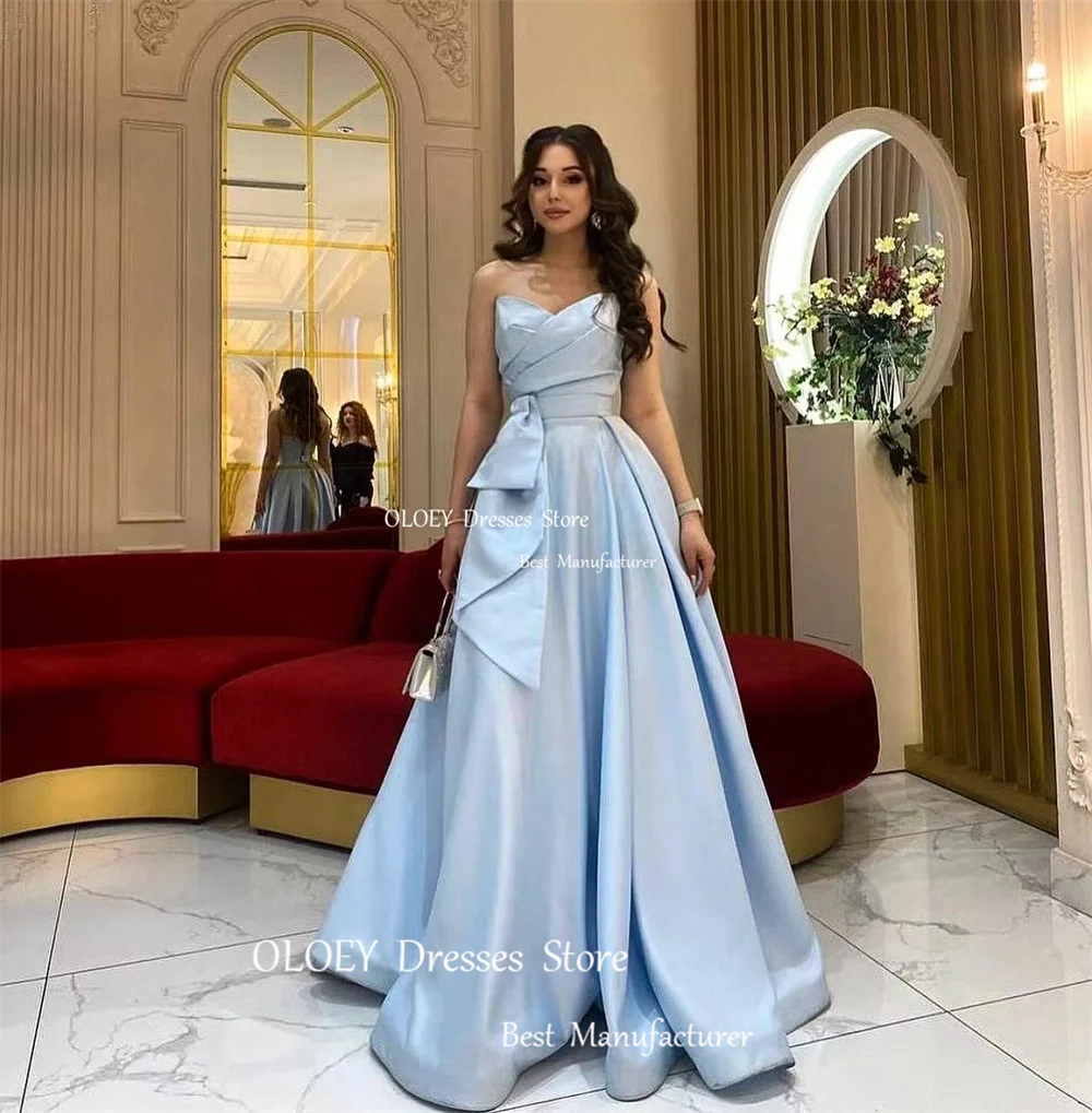 OLOEY Modern Blue Satin A Line Sleeveless Pleated Evening Gown Dresses Sashes Strapless Floor Length Lace Up Formal Bride Gowns