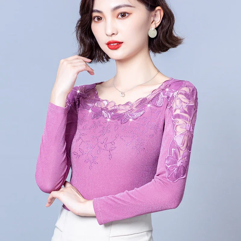 M-4XL 2024 Mesh Bottoming Shirt Autumn Winter Round Neck Lace Tops Women Patchwork Long Sleeve Casual Diamond T Shirt