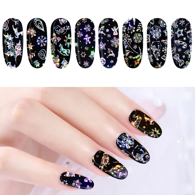 4 แผ่น Holographic Nail Art ฟอยล์สติกเกอร์ปีใหม่ Dreamcatcher Snowflake Rose ออกแบบดอกไม้เลเซอร์ตัดตกแต่งเล็บ