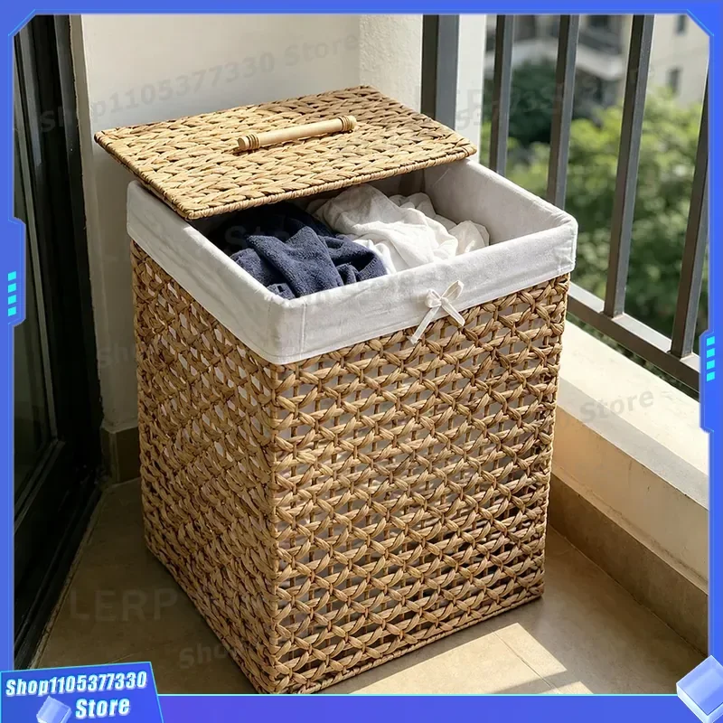 Square Handwoven Rattan Storage Basket with Lid for Dirty Clothes Household Living Room Sundries Sorting Organizer Wicker Bin
