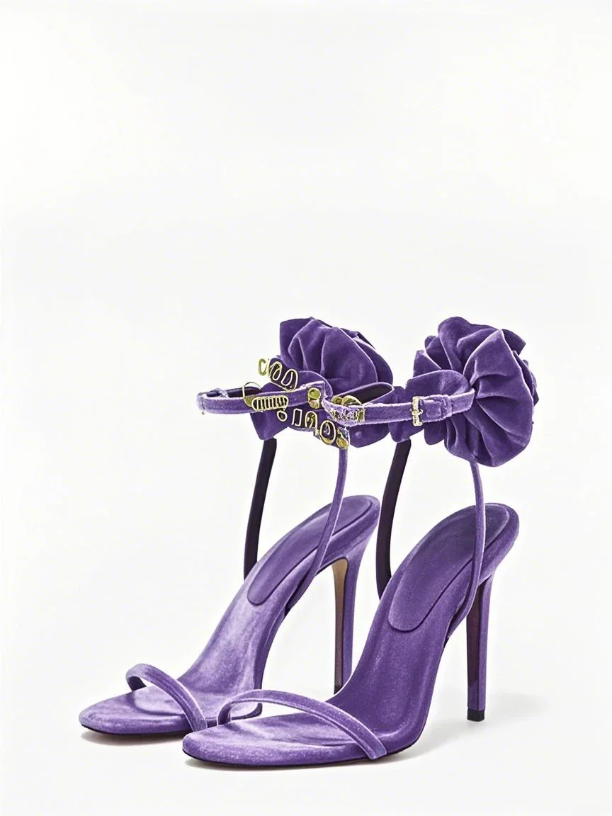 

Blue Silk Flower Decor Sandals Stiletto High Heeled Open Round Toe Fashion 2025 Summer Women Dress Shoes Ankle Buckle Strap