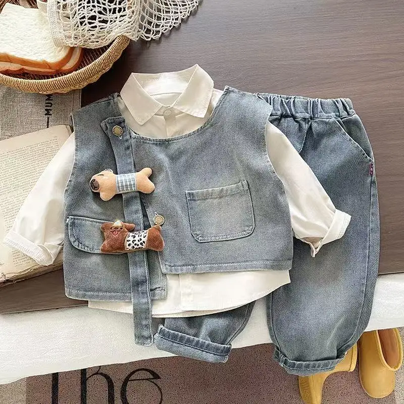 

Boys' Spring and Autumn Shirt Set 2026 New Style Autumn Children's Stylish Denim Vest Shirt 3-Piece Set Handsome Clothes Trendy