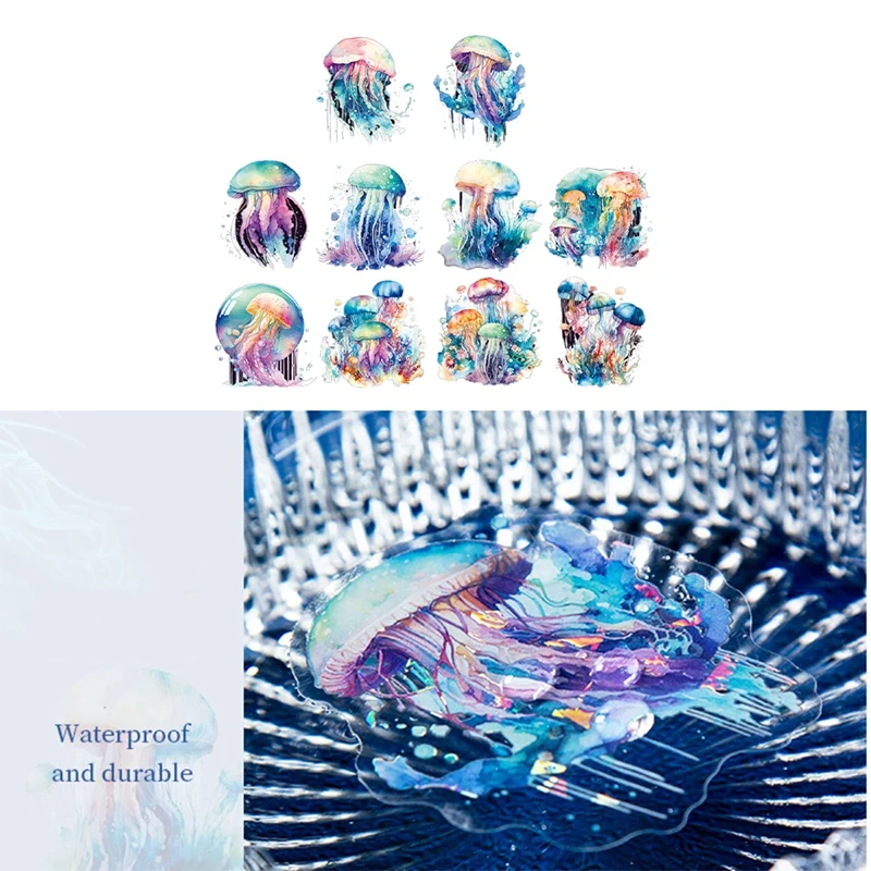 10Pcs Stickers For Girls Jellyfish Stickers, PET Waterproof Gold Holographic Outlines Vibrant Colors Glisten Decals