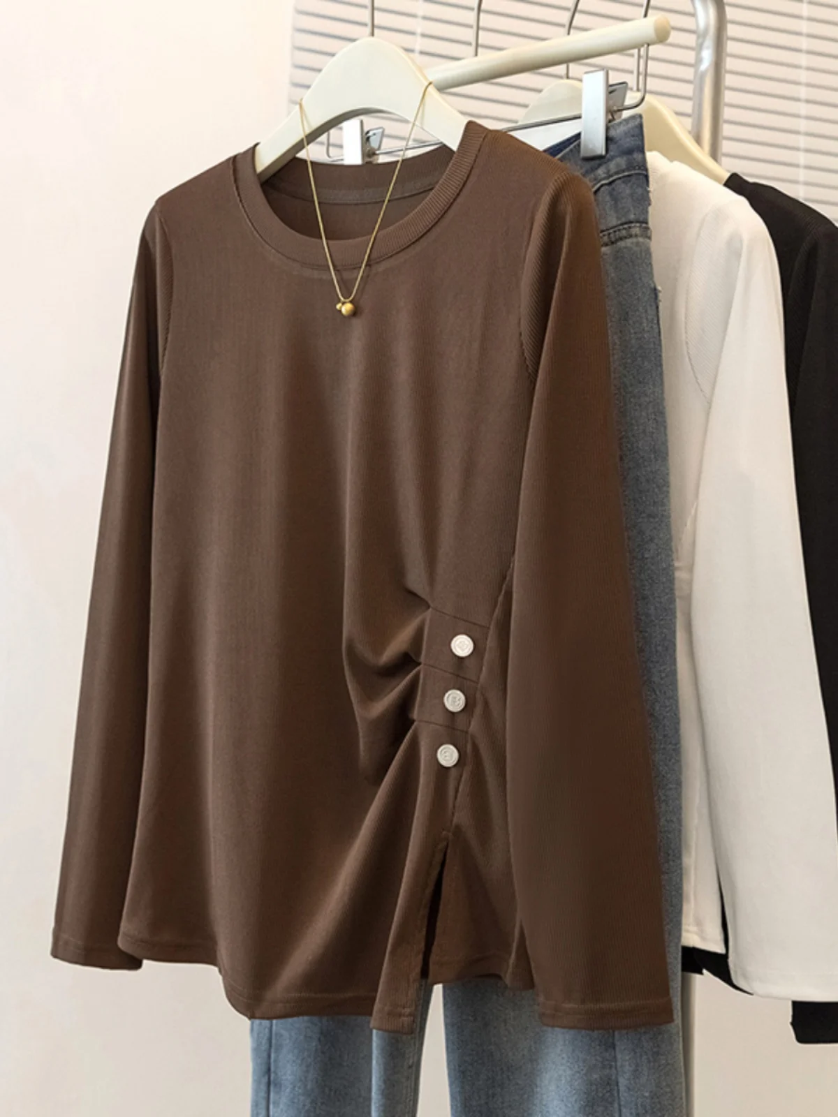 Café Color Asymmetrical Long Sleeve T-Shirt Women's Spring Autumn plus Size Fat MM Design Sense Slit Top Korean Style Commute