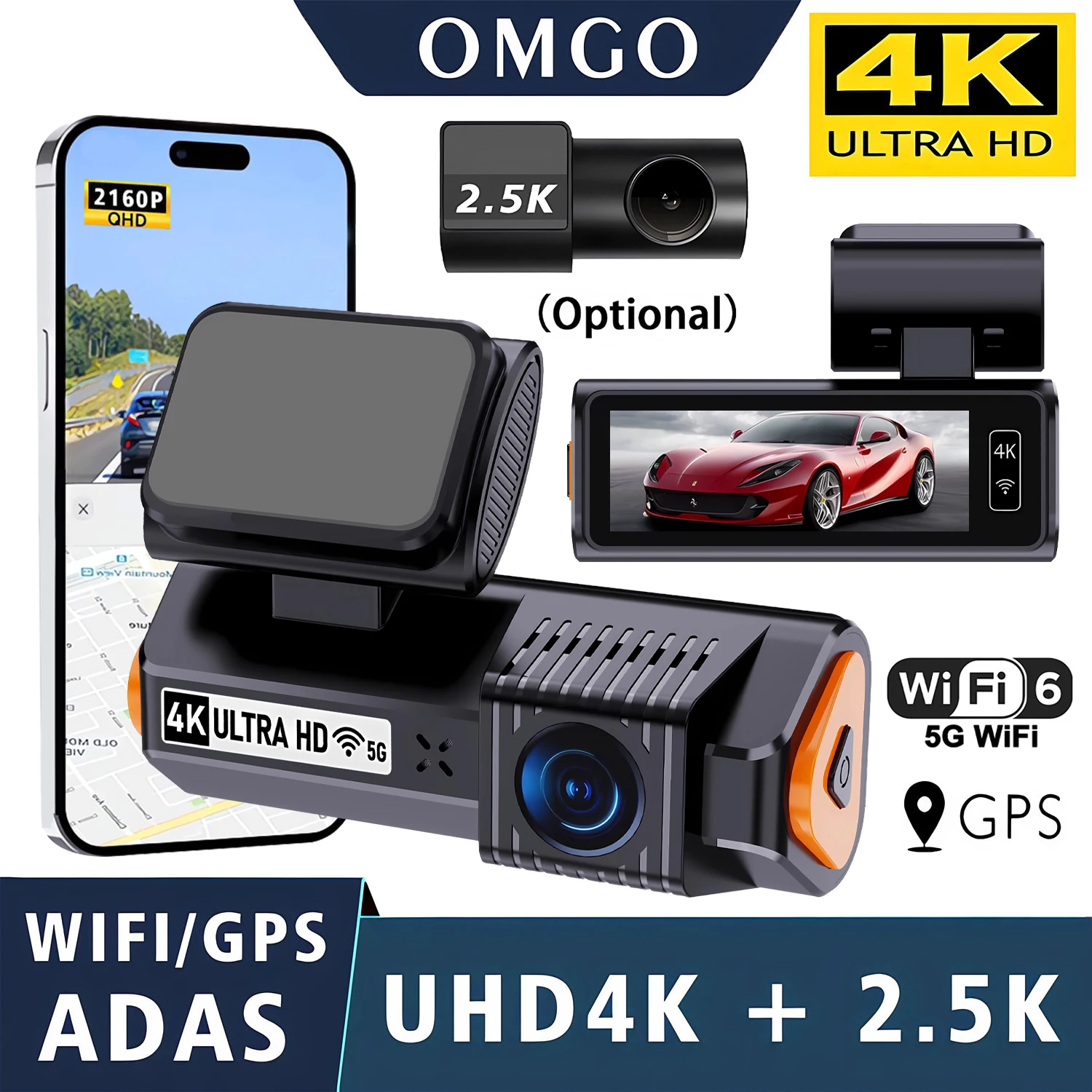 4K+2.5K ADAS Dashcam mit GPS, 5G WiFi, 24H Nachtsicht, optionaler Mini-Rückfahrkamera, Auto-DVR-Videorekorder, Black Box für Autos