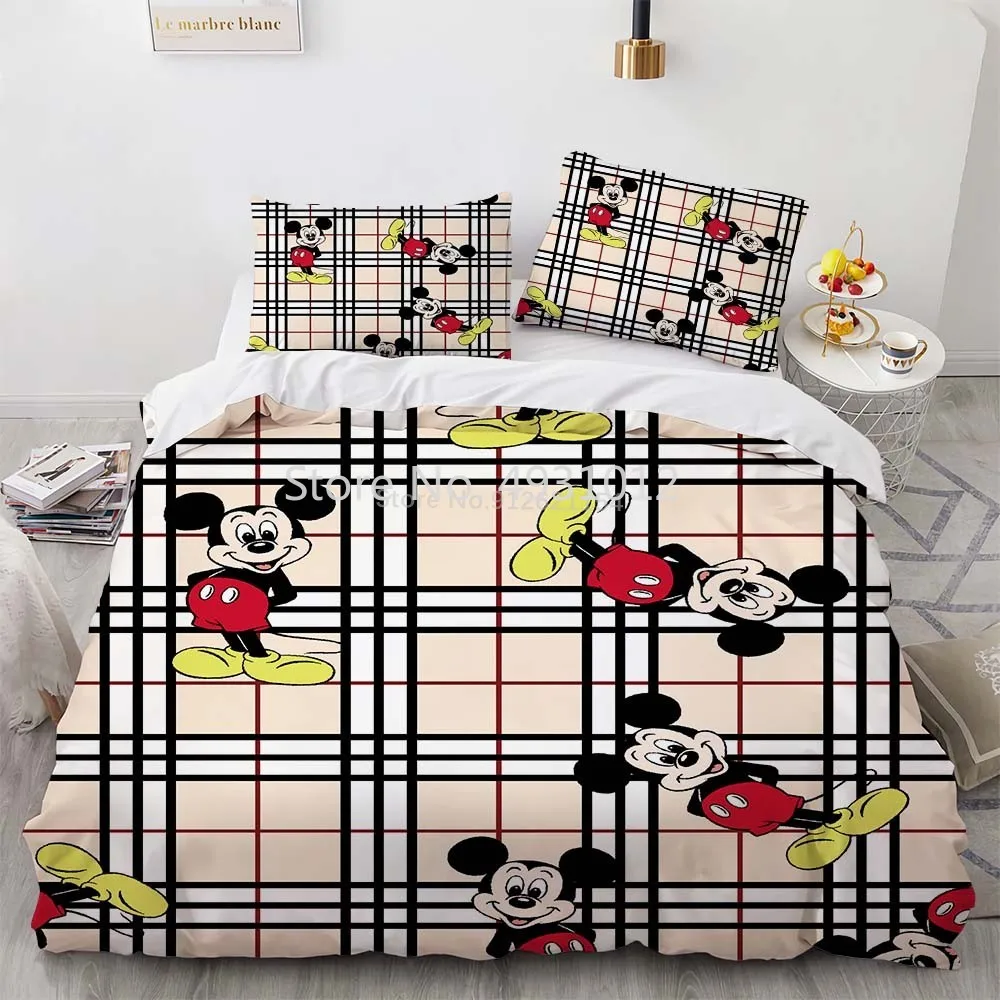 Disney Plaid Mickey Minnie Mouse Bedding Set Comforter Duvet Cover Pillowcases Bedlinen for Kids Twin Single Double Bed