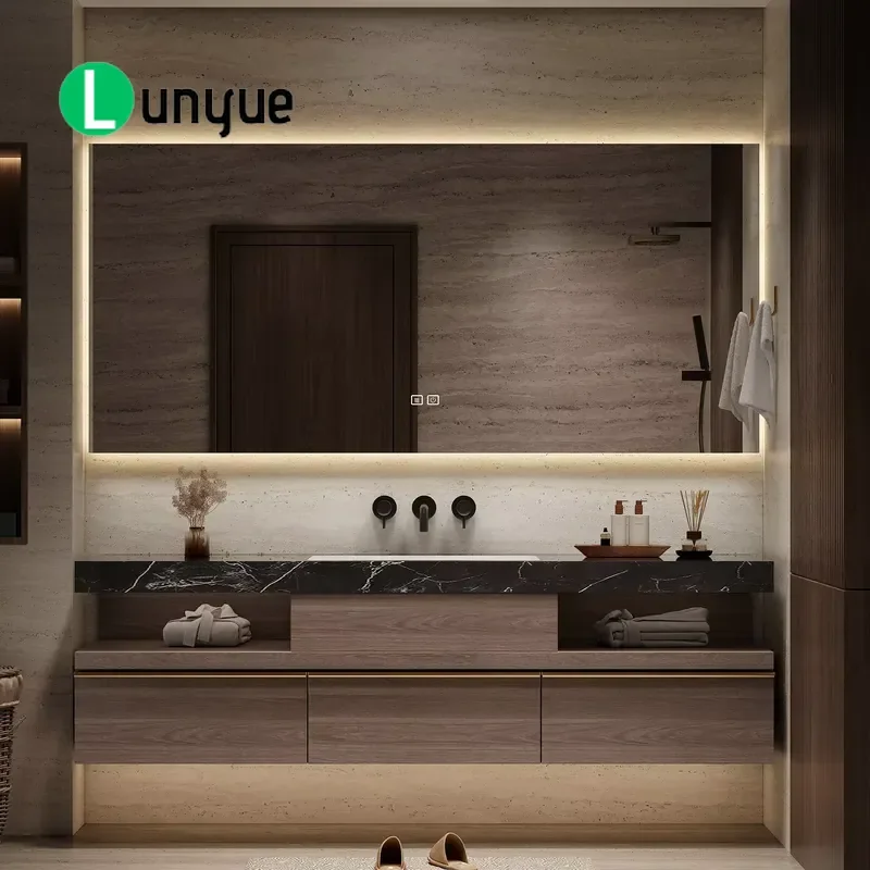Light Luxury Wall Mounted Bathroom Vanity with Single Sink Solid Wood Cabinet Smart Mirror Hotel Style Modern Furniture