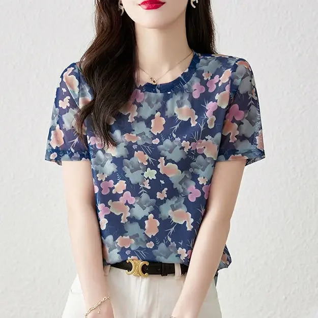 Summer New Korean Style Floral Casual Pullover Female Elegant Fashion Print Short Sleeve Tops Women Chiffon Sweat Femme Clothes